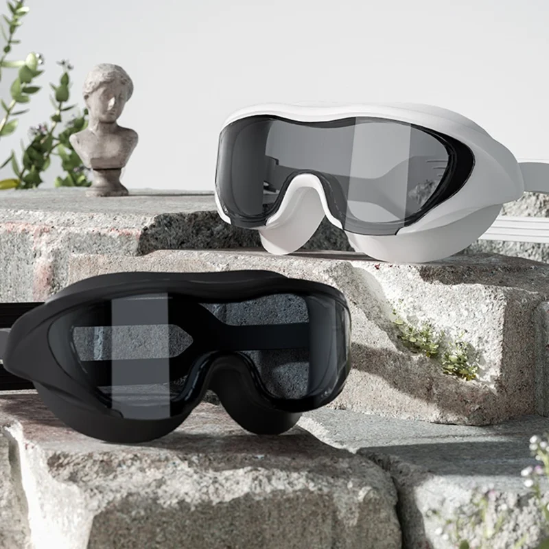 High Definition Swimming Goggles for Men Women Anti Fog Large Frame Swim Glasses, 15.5 x 6cm - Black White / Plain Lens