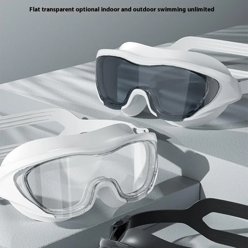 High Definition Swimming Goggles for Men Women Anti Fog Large Frame Swim Glasses, 15.5 x 6cm - Black White / Plain Lens