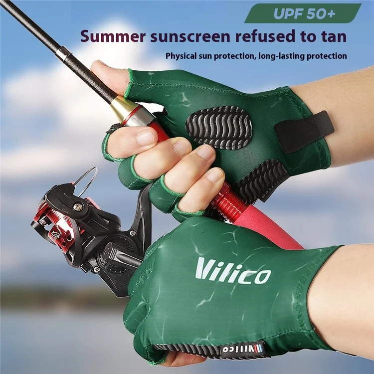 VILICO A0129 UPF 50+ Professional Fishing Gloves Anti Slip Half Finger Gloves for Outdoor Cycling - Green / M