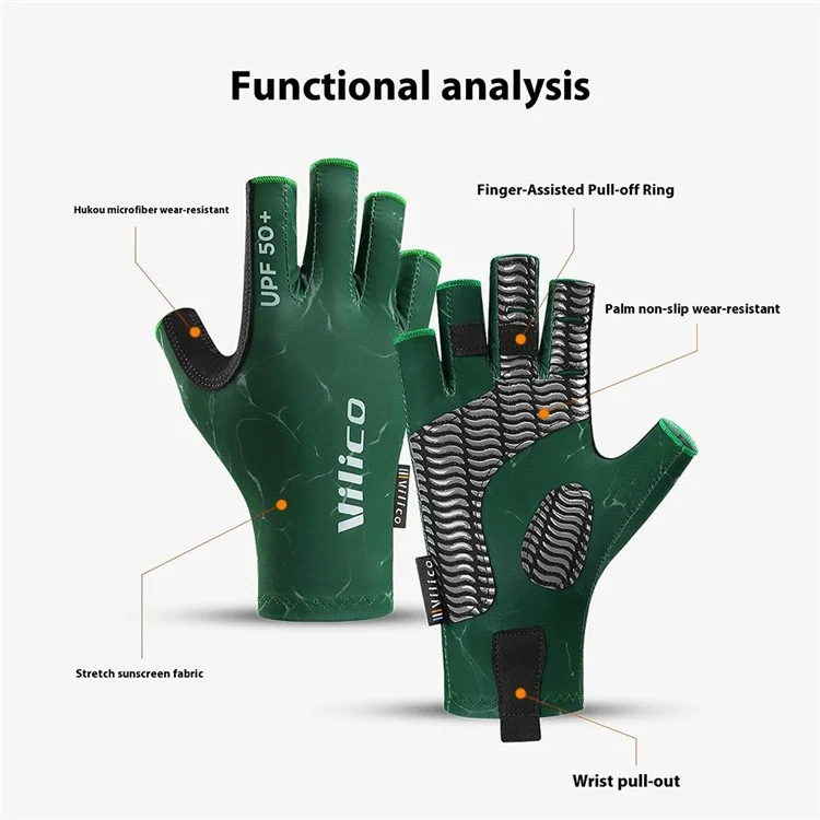 VILICO A0129 UPF 50+ Professional Fishing Gloves Anti Slip Half Finger Gloves for Outdoor Cycling - Green / M