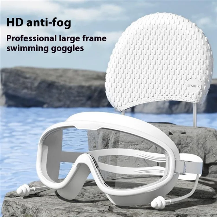 RESHEIR Anti Fog Large Frame Adult Swim Goggles with Silicone Swim Cap Set for Men Women - Black