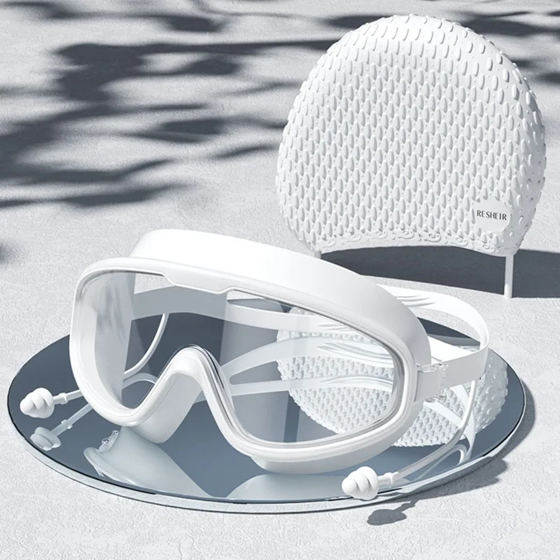 RESHEIR Anti Fog Large Frame Adult Swim Goggles with Storage Case and Silicone Swim Cap Set - White