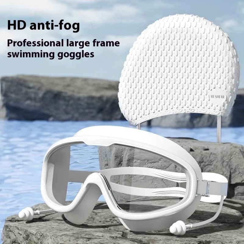 RESHEIR Anti Fog Large Frame Adult Swim Goggles with Storage Case and Silicone Swim Cap Set - White