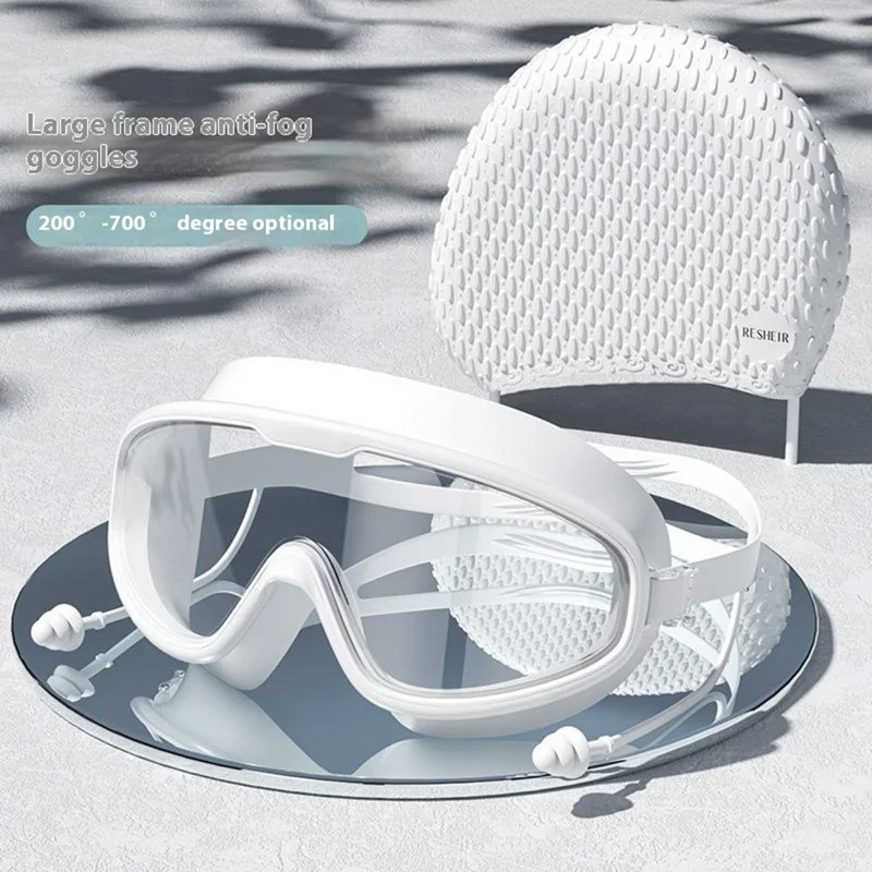 RESHEIR Anti Fog Large Frame Adult Swim Goggles with Storage Case and Silicone Swim Cap Set - White