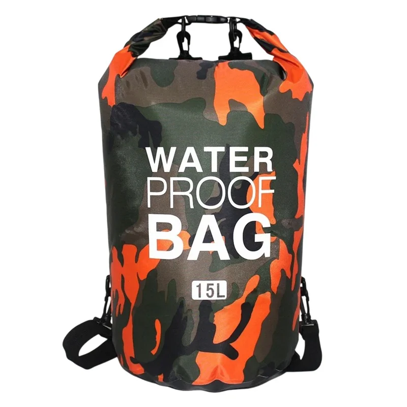 15L Camouflage Waterproof Dry Bag PVC Outdoor Camping Boating Swimming Drifting Sack with Single Shoulder Strap - Orange