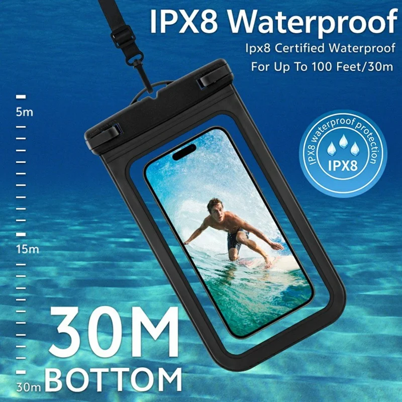 Waterproof Phone Pouch PVC Matte Case for Devices Up To 6.8 Inches IPX8 Water Proof Phone Dry Bag - Black