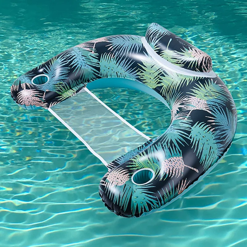 115 x 85cm Leaves Print Swimming Pool Inflatable Float Chair Thick PVC Foldable Water Lounge Seat - Dark Color