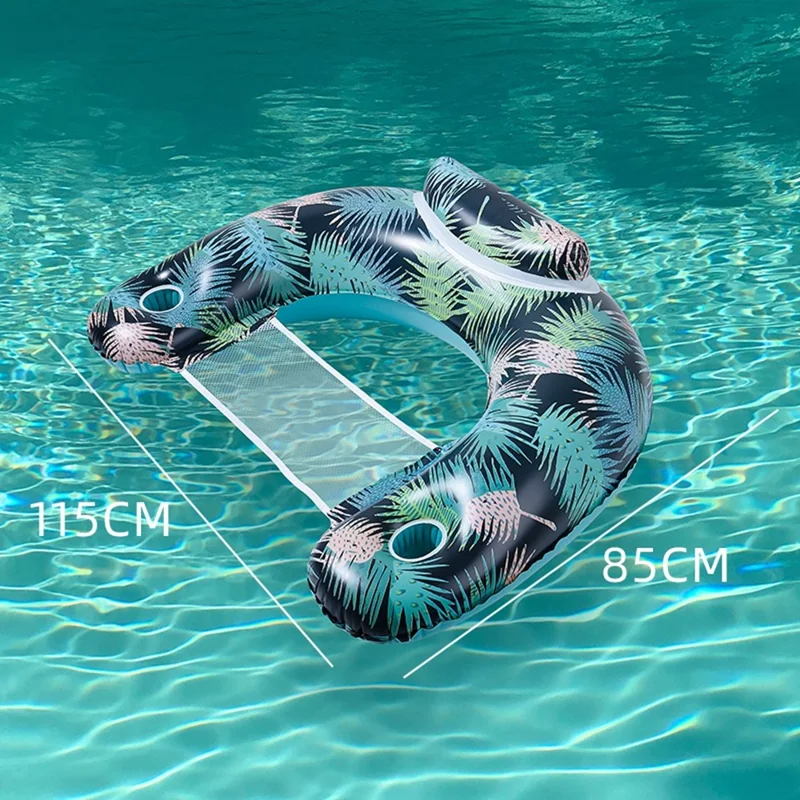 115 x 85cm Leaves Print Swimming Pool Inflatable Float Chair Thick PVC Foldable Water Lounge Seat - Dark Color