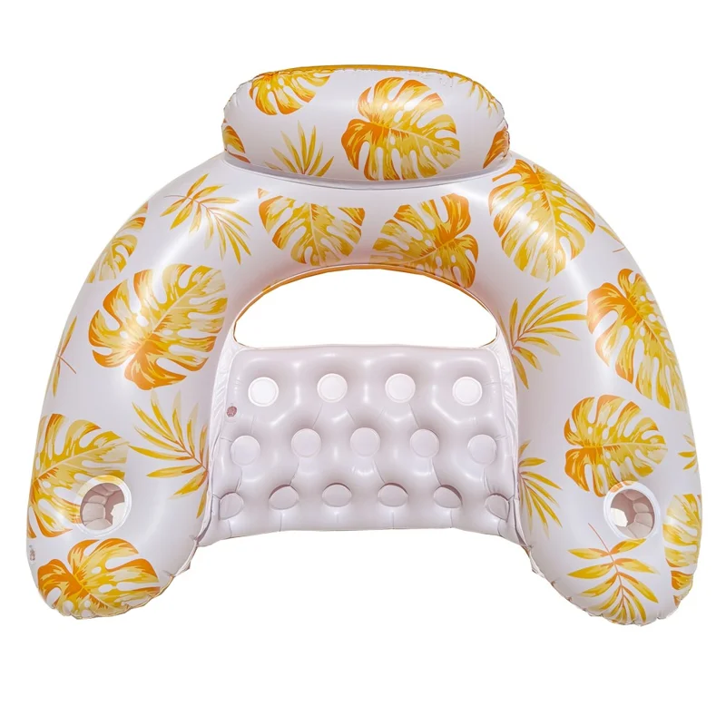Canapé Flottant Gonflable en Forme de U pour Piscine - Motif Feuilles, PVC Épais - Jaune