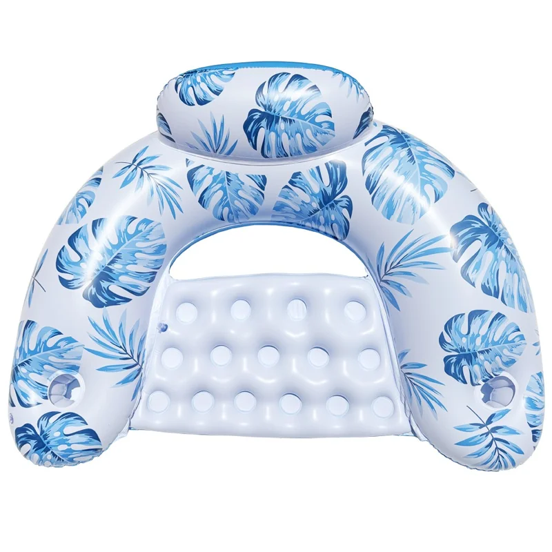 U Shape Swimming Pool Inflatable Lounger Leaves Print Thick PVC Floating Water Sofa - Blue