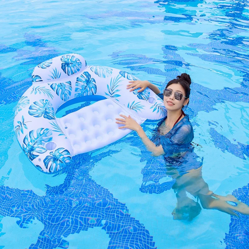 U Shape Swimming Pool Inflatable Lounger Leaves Print Thick PVC Floating Water Sofa - Blue
