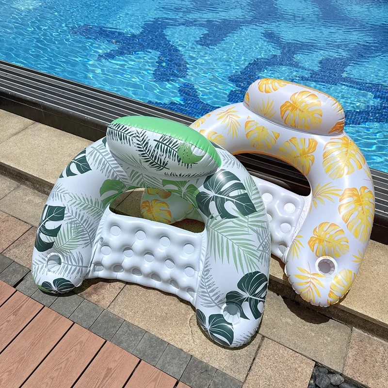 U Shape Swimming Pool Inflatable Lounger Leaves Print Thick PVC Floating Water Sofa - Blue