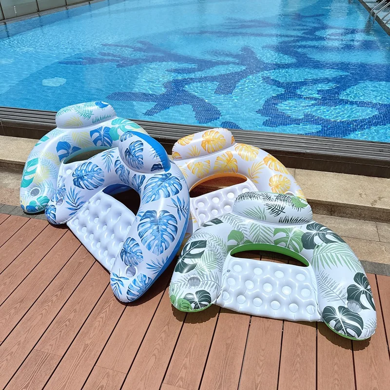 U Shape Swimming Pool Inflatable Lounger Leaves Print Thick PVC Floating Water Sofa - Blue
