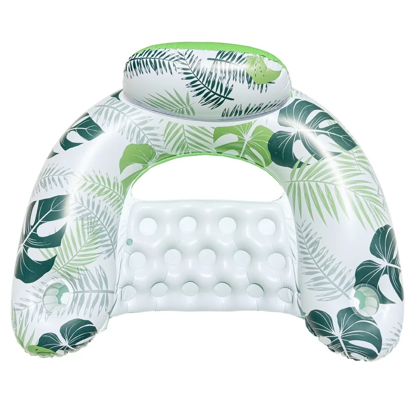 U Shape Swimming Pool Inflatable Lounger Leaves Print Thick PVC Floating Water Sofa - Green