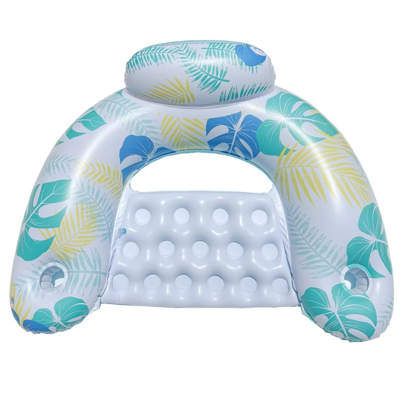 U Shape Swimming Pool Inflatable Lounger Leaves Print Thick PVC Floating Water Sofa - Cyan