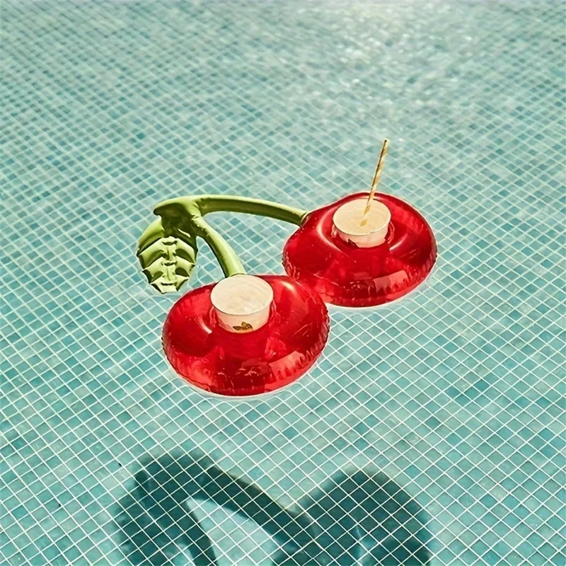 Support de Boisson Gonflable Cerise à 2 Emplacements pour Piscine / Fête de Plage, 33 x 18 cm