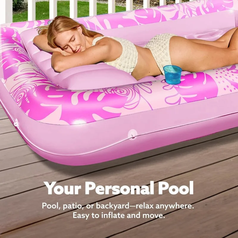 HC-FC666 PVC Inflatable Single Person Float Lounger with Pillow Maple Leaf Design Portable Pool Raft, 177x116cm - Pink