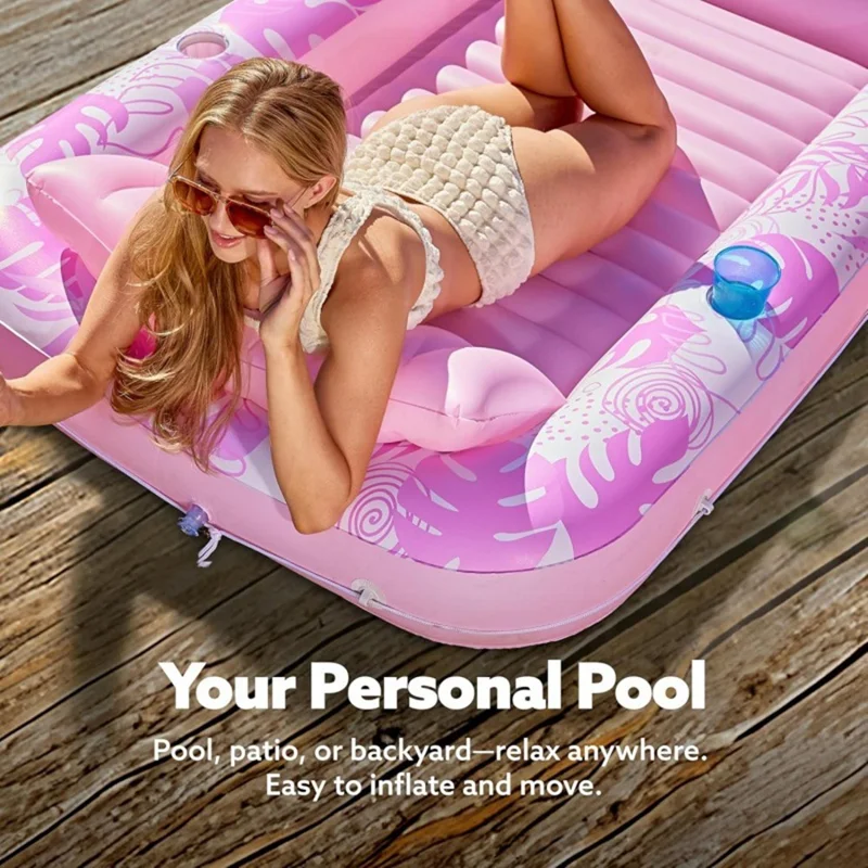 HC-FC666 PVC Inflatable Single Person Float Lounger with Pillow Maple Leaf Design Portable Pool Raft, 177x116cm - Pink