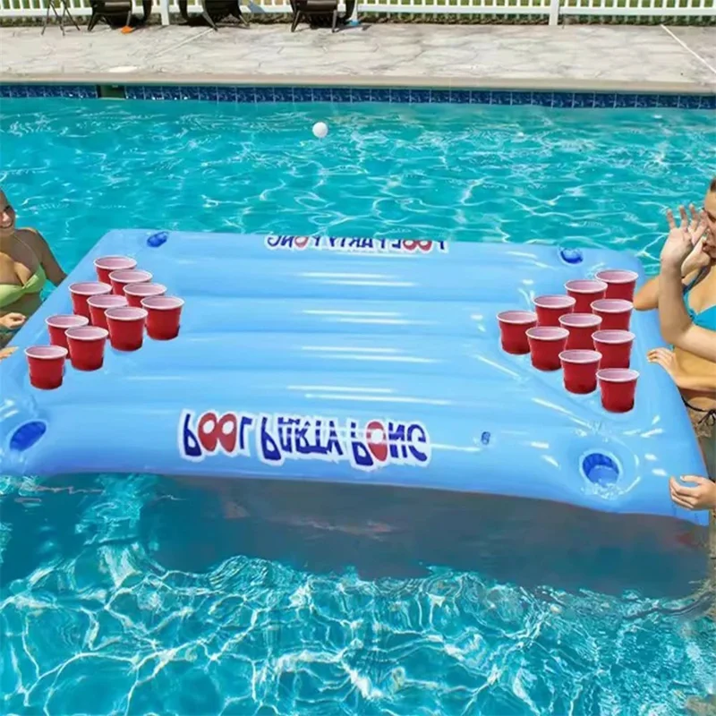 Inflatable PVC Float Game Pong Mat Swimming Pool Beach Cup Holder Floating Lounge Raft