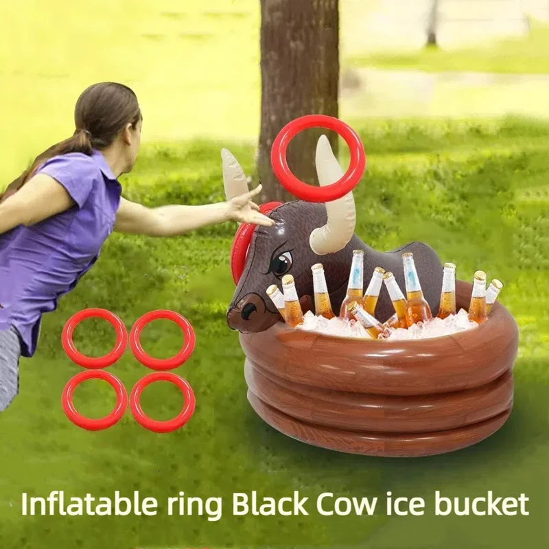 Inflatable Black Bull Ice Bucket Ring Toss Set Floating Drink Holder Water Party Game Toy
