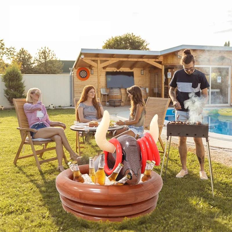Inflatable Black Bull Ice Bucket Ring Toss Set Floating Drink Holder Water Party Game Toy