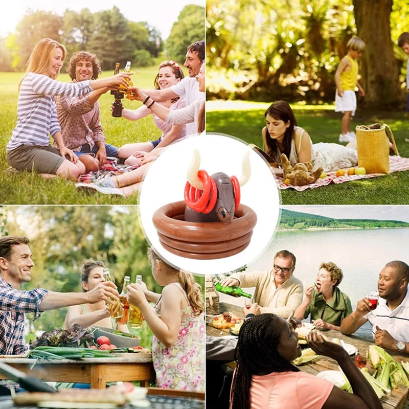 Inflatable Black Bull Ice Bucket Ring Toss Set Floating Drink Holder Water Party Game Toy