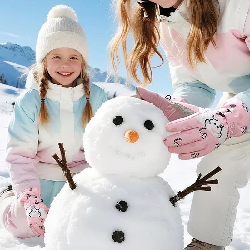 DRST44 1 Pair Cartoon Pattern Ski Gloves for Kids Winter Fleece Lined Windproof Cycling Mittens - Pink / S
