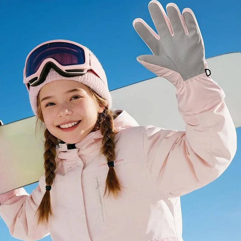 DRST44 1 Pair Cartoon Pattern Ski Gloves for Kids Winter Fleece Lined Windproof Cycling Mittens - Pink / S