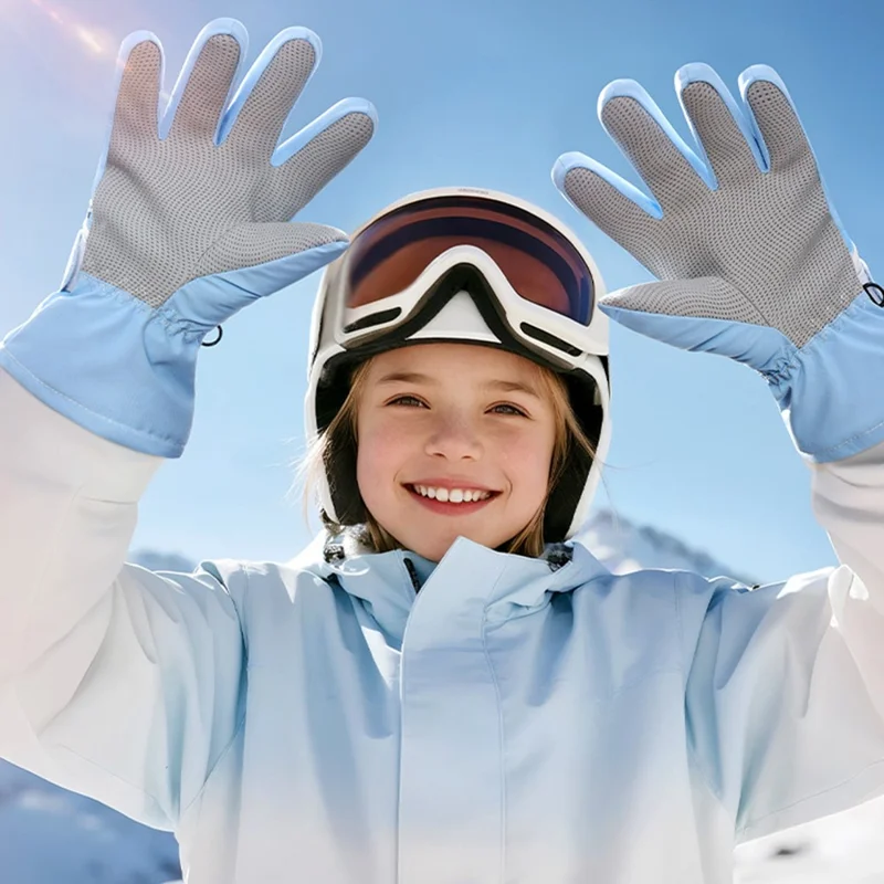 DRST44 1 Pair Cartoon Pattern Ski Gloves for Kids Winter Fleece Lined Windproof Cycling Mittens - Pink / S