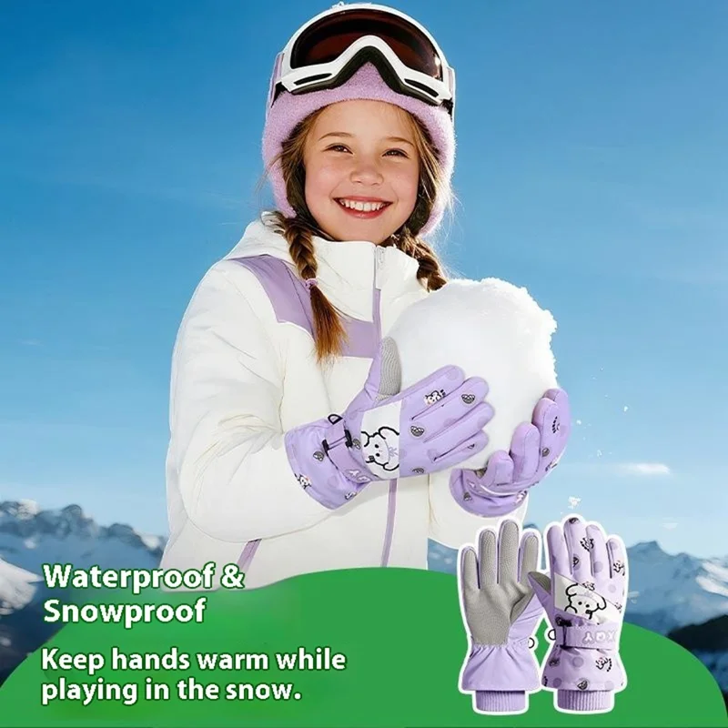 DRST44 1 Pair Cartoon Pattern Ski Gloves for Kids Winter Fleece Lined Windproof Cycling Mittens - Pink / S