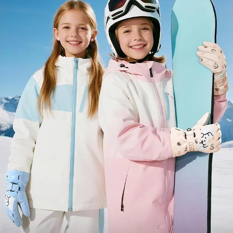 DRST44 1 Pair Cartoon Pattern Ski Gloves for Kids Winter Fleece Lined Windproof Cycling Mittens - Pink / S