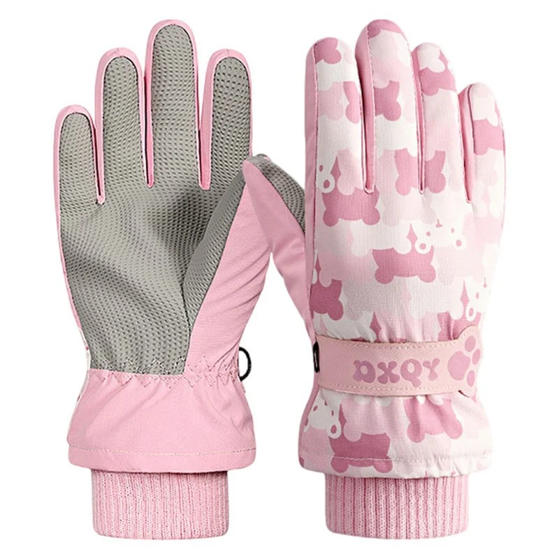 Luvas de Esqui Térmicas Forradas de Fleece para Crianças com Padrão de Desenho Animado, Impermeáveis ao Vento, Dedos Completos, Mitenes para Ciclismo - Rosa Claro / P