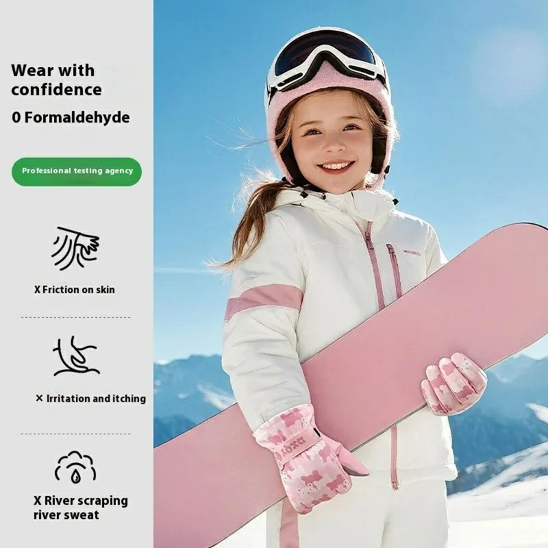 Luvas de Esqui Térmicas Forradas de Fleece para Crianças com Padrão de Desenho Animado, Impermeáveis ao Vento, Dedos Completos, Mitenes para Ciclismo - Rosa Claro / P