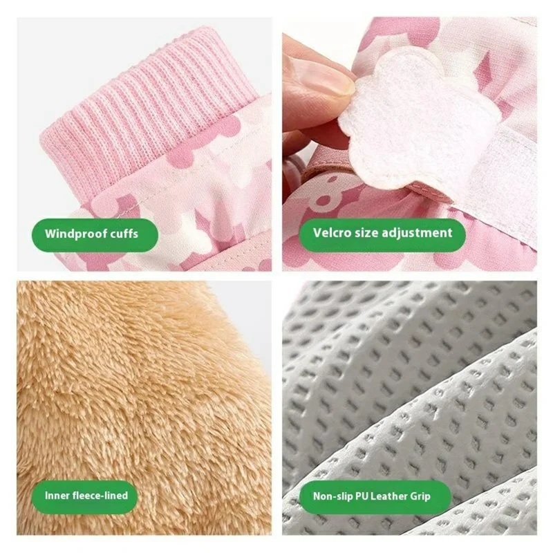 Luvas de Esqui Térmicas Forradas de Fleece para Crianças com Padrão de Desenho Animado, Impermeáveis ao Vento, Dedos Completos, Mitenes para Ciclismo - Rosa Claro / P