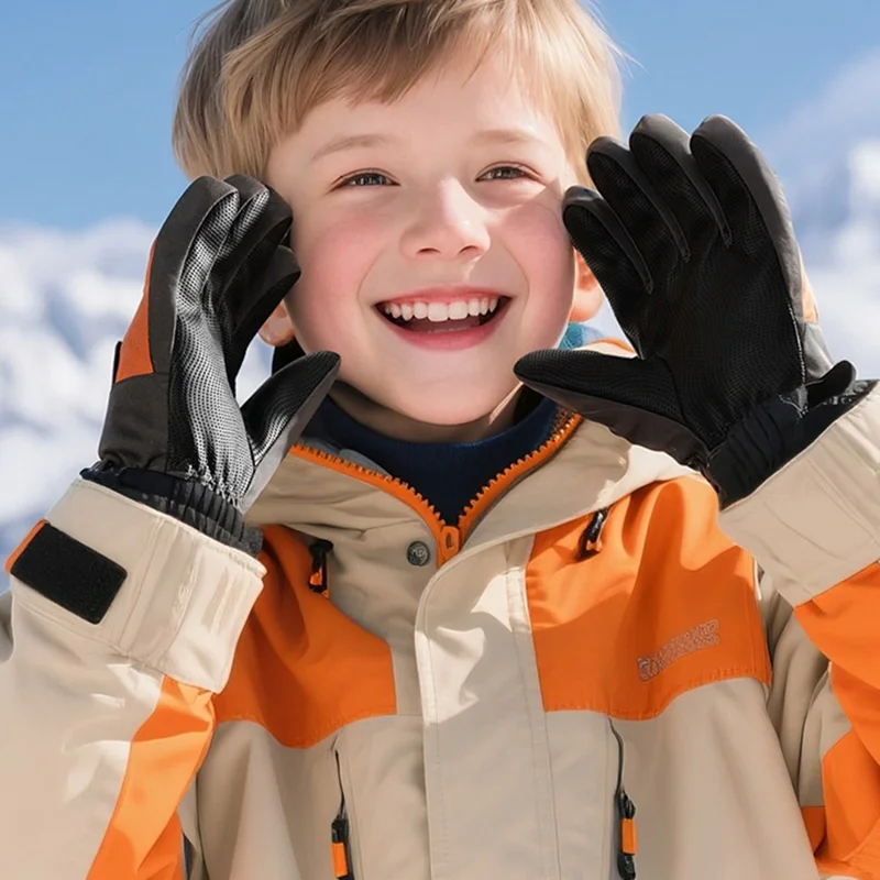 DRST42 Children Winter Cycling Ski Gloves Thickened Plush Lining Windproof Waterproof Warm Mittens - Green