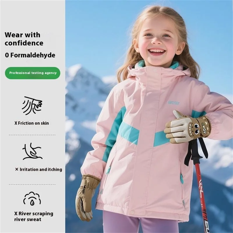 DRST42 Children Winter Cycling Ski Gloves Thickened Plush Lining Windproof Waterproof Warm Mittens - Green
