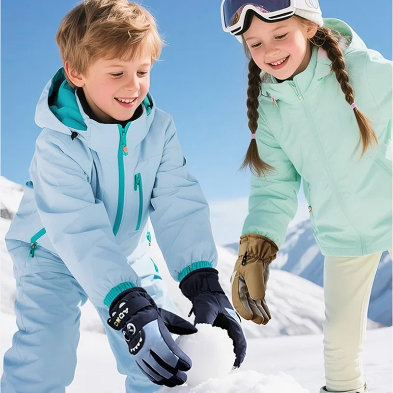 DRST42 Children Winter Cycling Ski Gloves Thickened Plush Lining Windproof Waterproof Warm Mittens - Green