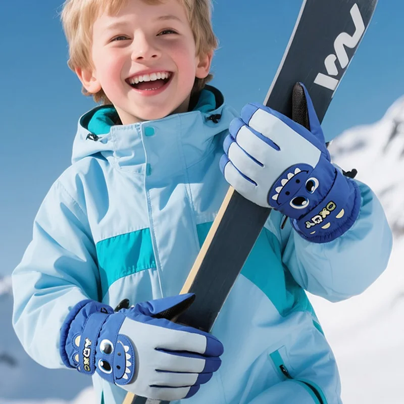 DRST42 Children Winter Cycling Ski Gloves Thickened Plush Lining Windproof Waterproof Warm Mittens - Green