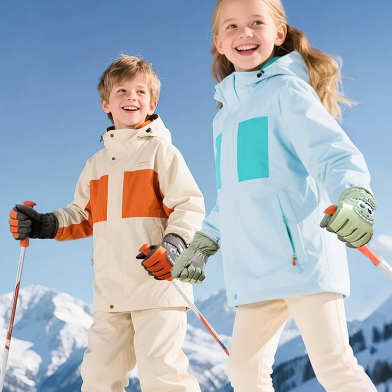 DRST42 Children Winter Cycling Ski Gloves Thickened Plush Lining Windproof Waterproof Warm Mittens - Green