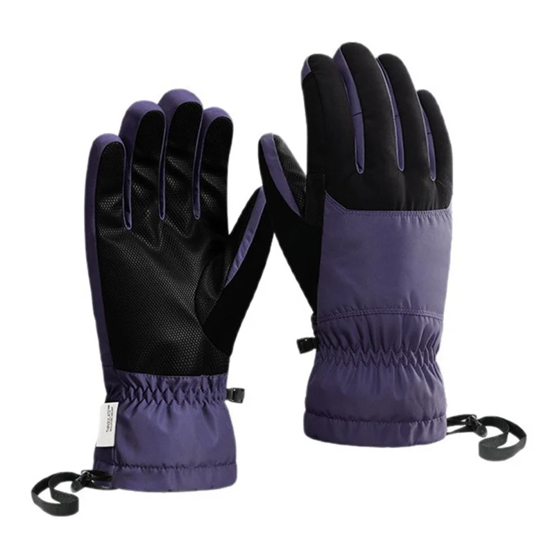 SK45 1 Par de Luvas de Inverno para Esqui Impermeáveis e Quentes com Palma de Couro Antidesgate Unissex - Roxo+Preto / P