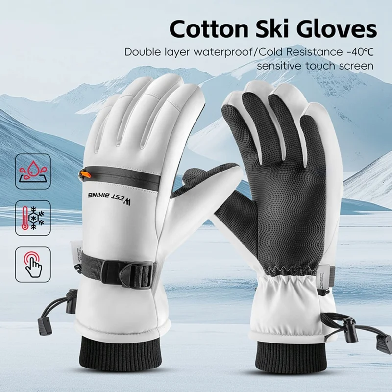 WEST BIKING YP0211271 Waterproof Ski Gloves Winter Windproof Touch Screen Cycling Mittens with Zipper Pocket - White / S