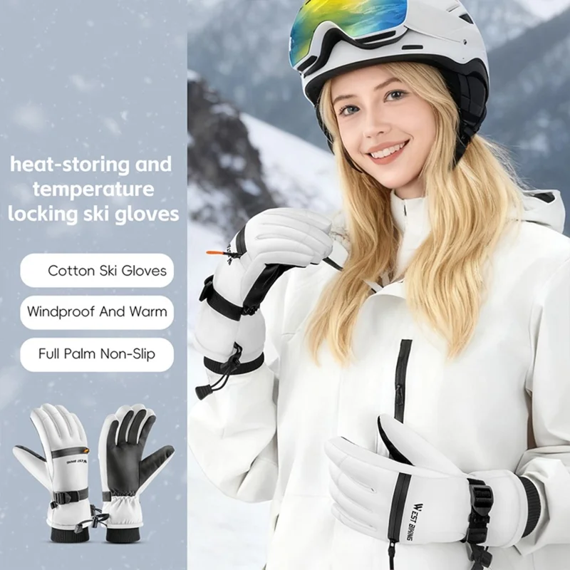 WEST BIKING YP0211271 Waterproof Ski Gloves Winter Windproof Touch Screen Cycling Mittens with Zipper Pocket - White / S