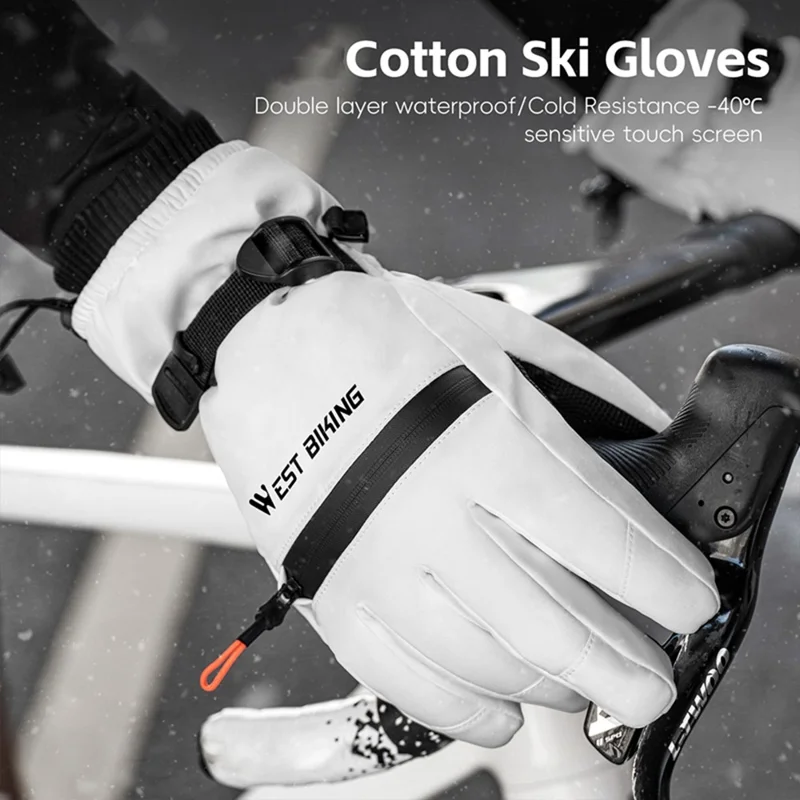 WEST BIKING YP0211271 Waterproof Ski Gloves Winter Windproof Touch Screen Cycling Mittens with Zipper Pocket - White / S