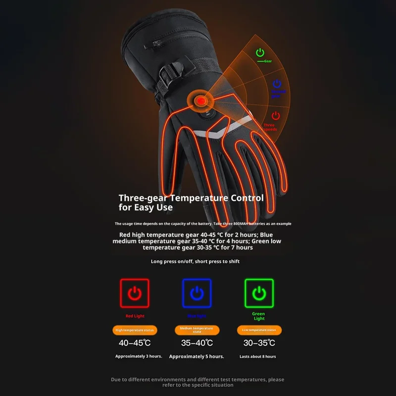 Guanti riscaldati a 3 livelli per sport invernali all'aperto, antivento, con funzione touchscreen e 2 scatole batterie vuote