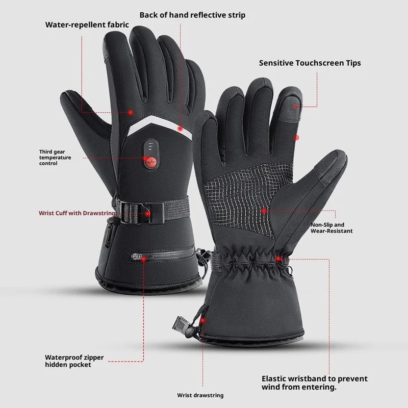 Guanti riscaldati a 3 livelli per sport invernali all'aperto, antivento, con funzione touchscreen e 2 scatole batterie vuote
