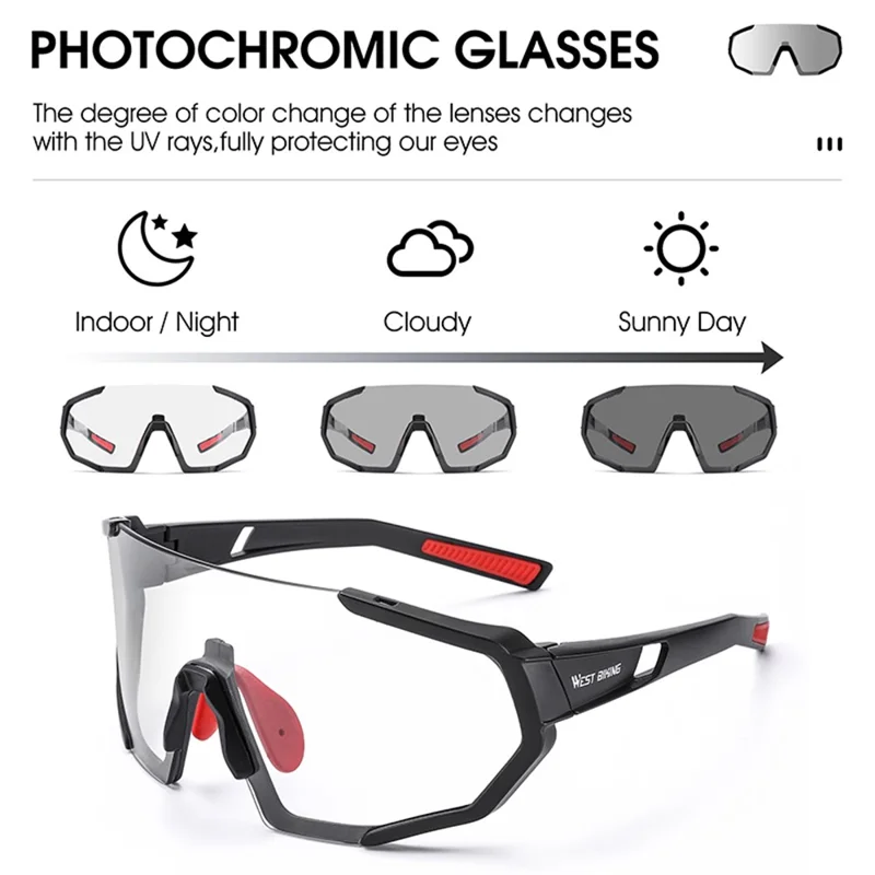 WEST BIKING YP0703148 Photochromic Sports Goggles Men Women Cycling UV Protection Windproof Eyeglasses - Black