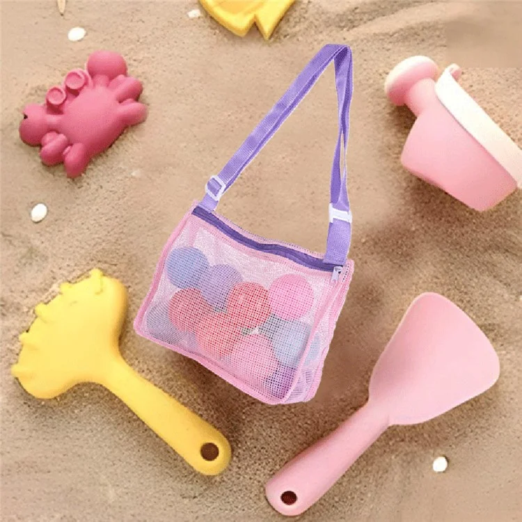 Mesh See-through Travel Beach Bag Kids Toy Conch Shell Storage Crossbody Bag - Green / Pink Strap