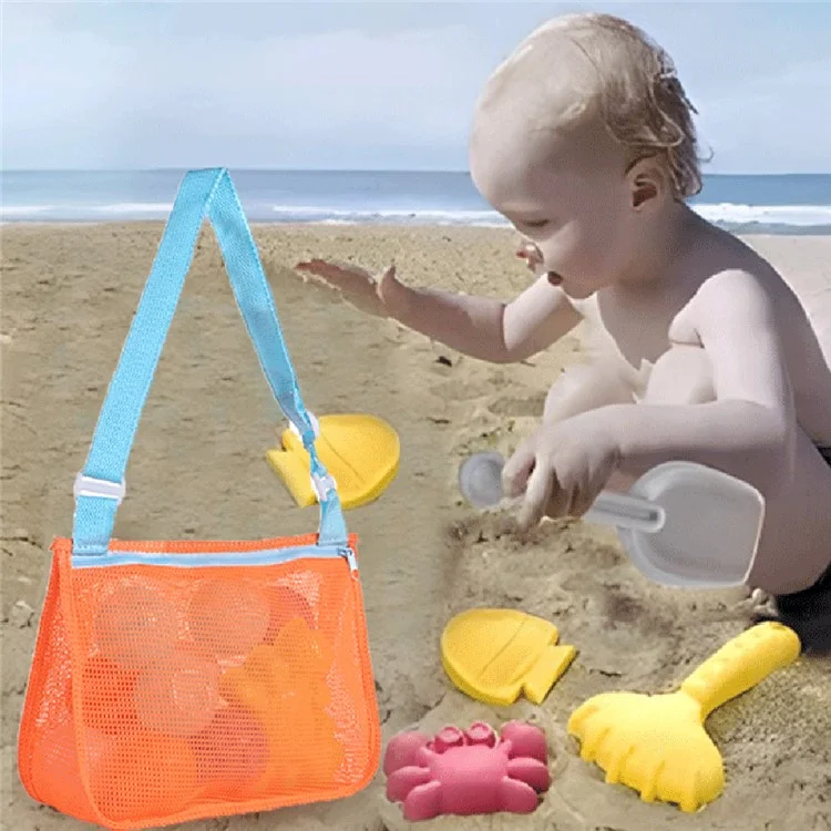Mesh See-through Travel Beach Bag Kids Toy Conch Shell Storage Crossbody Bag - Green / Pink Strap