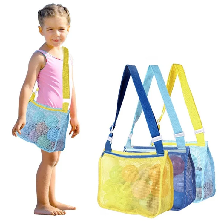 Mesh See-through Travel Beach Bag Kids Toy Conch Shell Storage Crossbody Bag - Green / Pink Strap