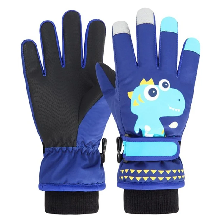 2114 1 Pair Cartoon Dinosaur Kids Winter Skiing Cycling Touch Screen Gloves Thick Warm Full Finger Gloves - Baby Blue / S